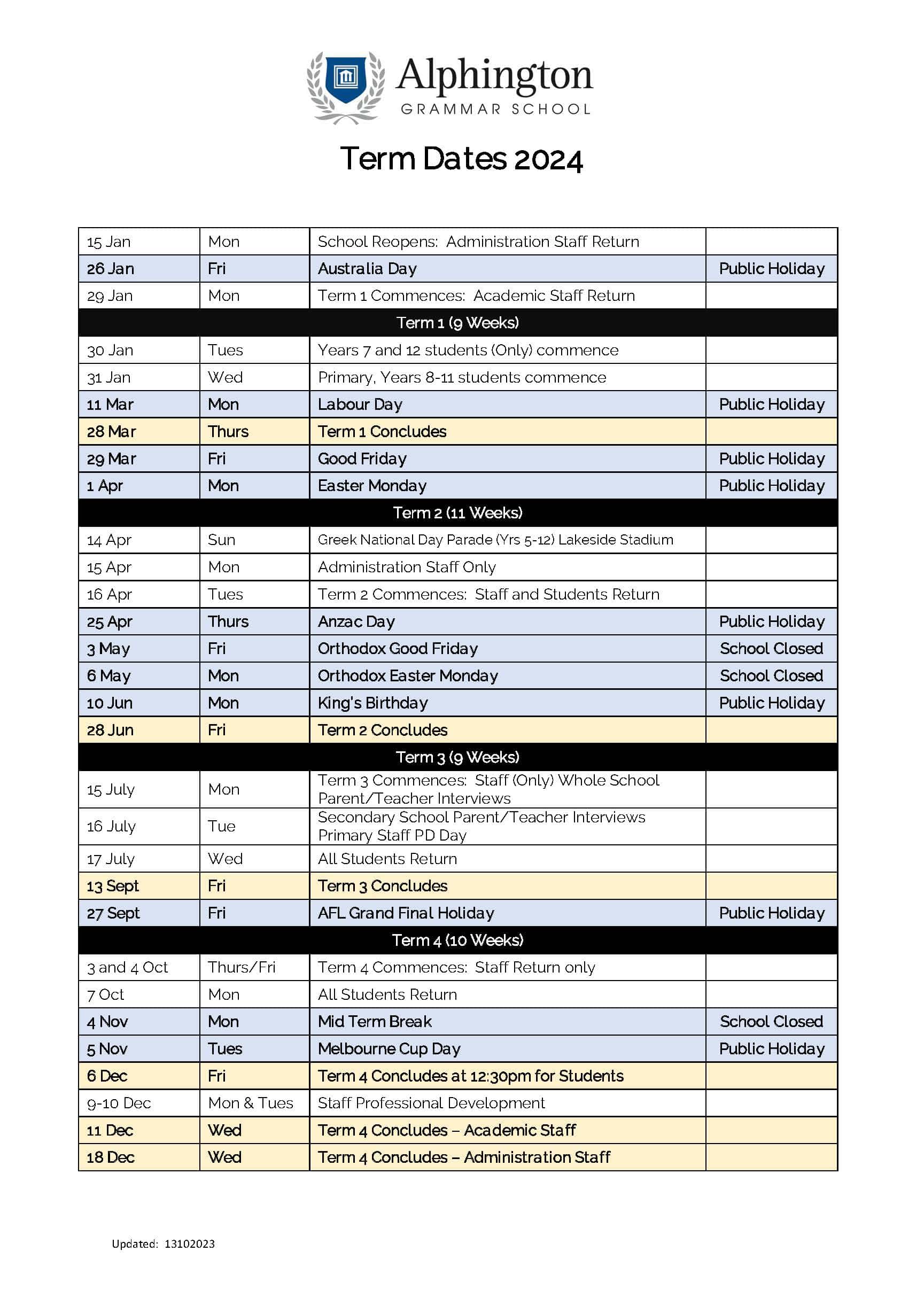 Calendar Alphington Grammar School
