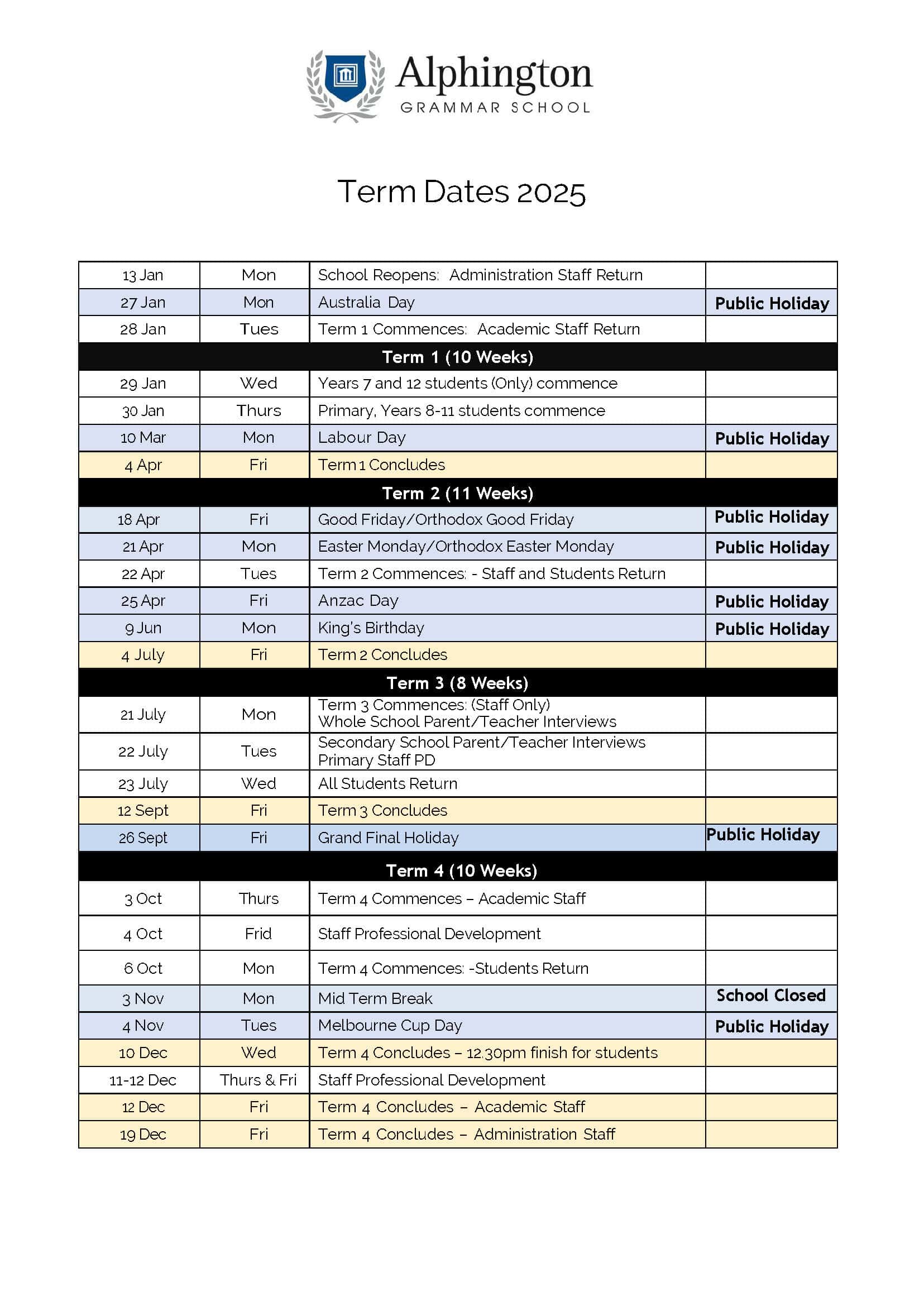 Calendar Alphington Grammar School